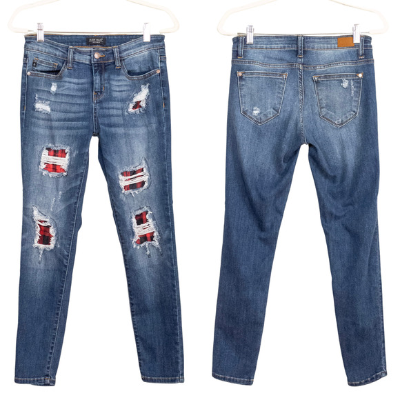 JUDY BLUE Skinny Fit Medium Wash Distressed Red Plaid Peek-A-Boo Women's Size 29 - Picture 2 of 6